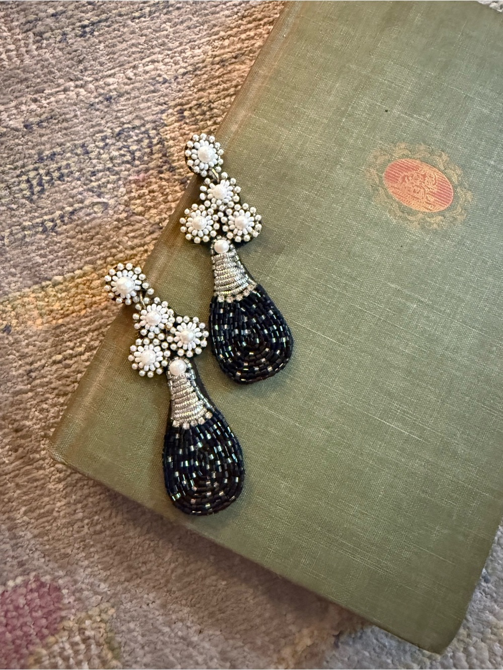 Beaded Teardrop Earrings Lightweight White & Black Sparkle Champagne Costume